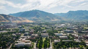 an aerial view of presidents circle and campus