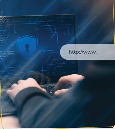 two hands typing on a laptop. The screen shows a lock symbol and text of http://www